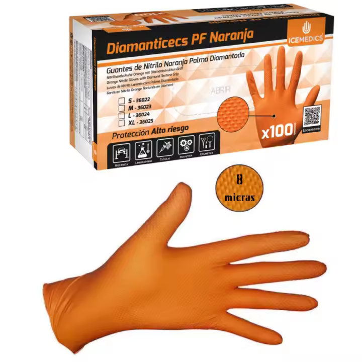 Guantes de Nitrilo diamantado 8 micras Diamanticecs PF Naranja 36023 ICEMEDICS Talla M Caja 100 uds. - 1