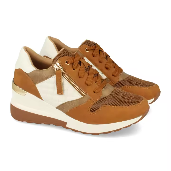 PuntoSalao Zapatillas de cuña cómoda para mujer elegantes color camel 9590 - 1