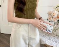 Top De Hombros Descubiertos Para Mujer Verde Tejido Basic Casual O-Neck Sin Mangas Alta Estiramiento Ajuste Slim Para Verano - details 7