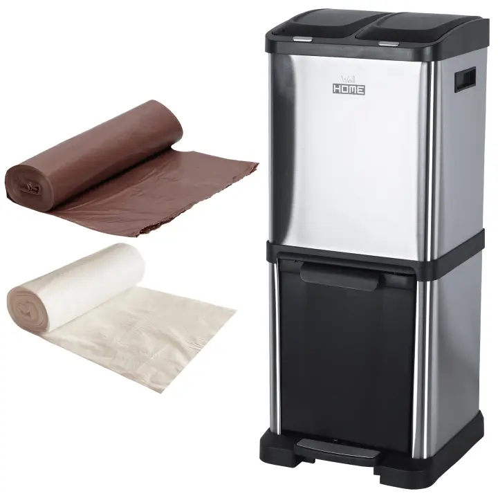 Prosperplast Pack de Cubo de Reciclaje Ecológico 32L con 3 Compartimentos y Bolsas de Basura Biodegradables - 1
