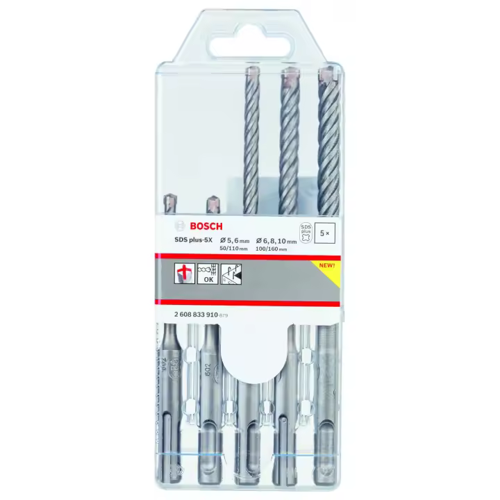 Juego Set 5 Brocas Bosch para Hormigón, Ladrillo Pared, de diferentes medidas: 5 / 6 / 6 / 8 / 10 Enganche SDS Plus con Cabeza de 4 Puntas - 1