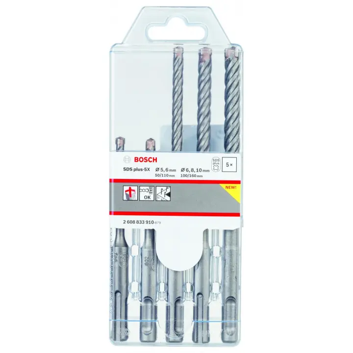 Juego Set 5 Brocas Bosch para Hormigón, Ladrillo Pared, de diferentes medidas: 5 / 6 / 6 / 8 / 10 Enganche SDS Plus con Cabeza de 4 Puntas - 1