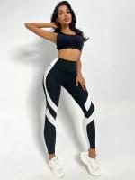 Leggings De Yoga De Dos Tonos Con Control De Abdomen Tallas Regulares Cintura Elástica Para Mujer Pantalones Deportivos - details 4