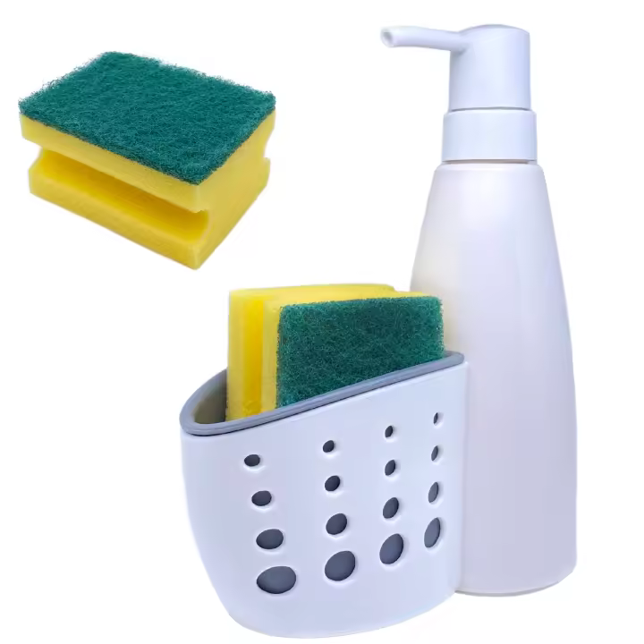 Dispensador de jabón líquido para Cocina y baño con portaestropajo y Estropajo de Cocina Incluido. Dosificador de jabón Blanco Cocina y Baño - 1