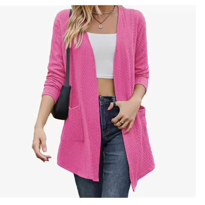 Cárdigan ligero de punto para mujer de Tanmolo, cárdigan largo con bolsillos, cómodo, abierto, elegante, de manga larga, rojo rosa. Talla L - 1