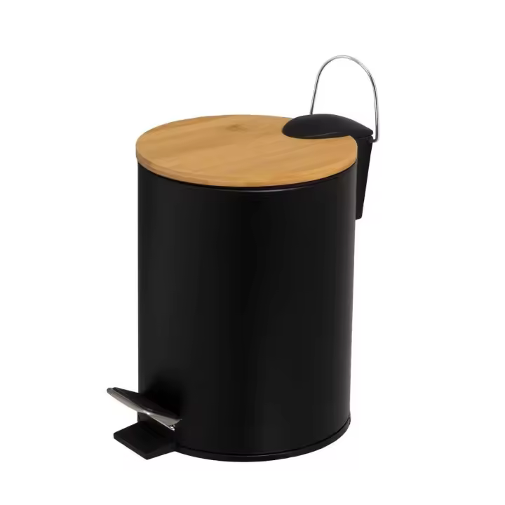 Dcasa Papelera de pedal negro de bambú y metal de 3 litros - 1
