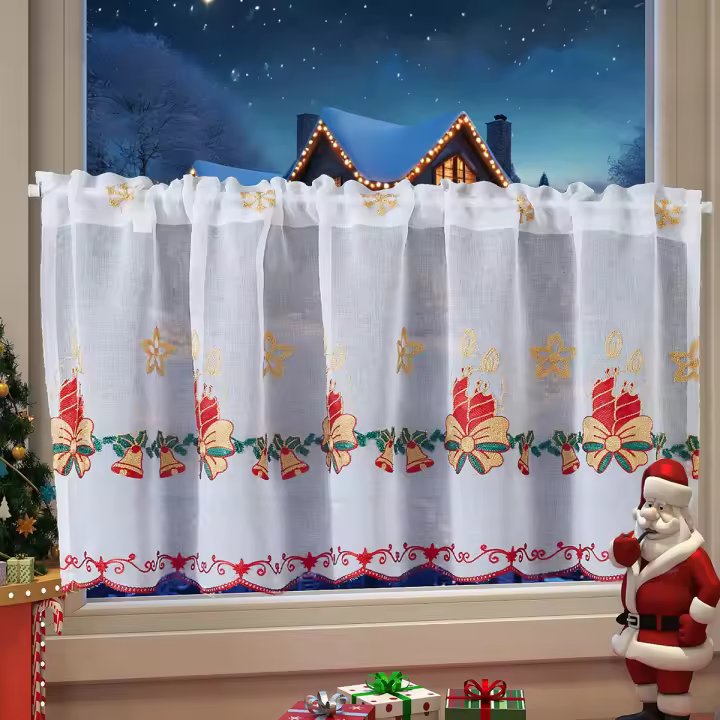 Cortina Corta De Tela De Encaje Navideña Con Vela De Taza Cortina De Ventana Para Sala De Estar Y Dormitorio Ambiente Festivo - 1
