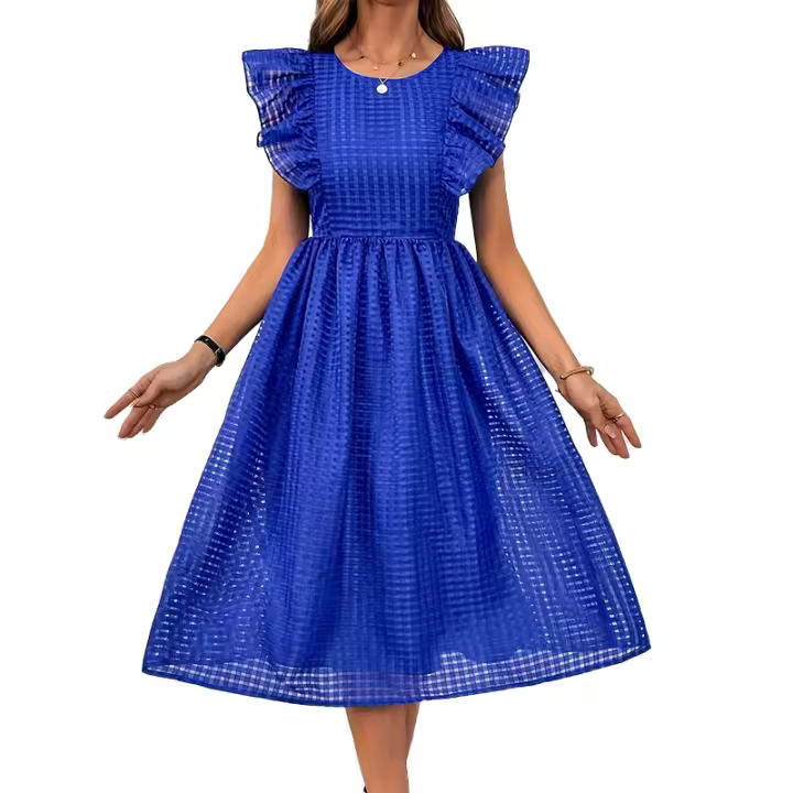 Vestido Midi Elegante Vintage De Verano Para Mujer En Tela Jacquard Con Volante Y Manga Butterfy Azul Para Fiesta Y Oficina - 1