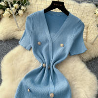 Vestido Tejido REALEFT 2025 Para Mujer Verano Cuello En V Corto Manga Metálico Botones Cintura Alta A-Line Longitud Media - details 10