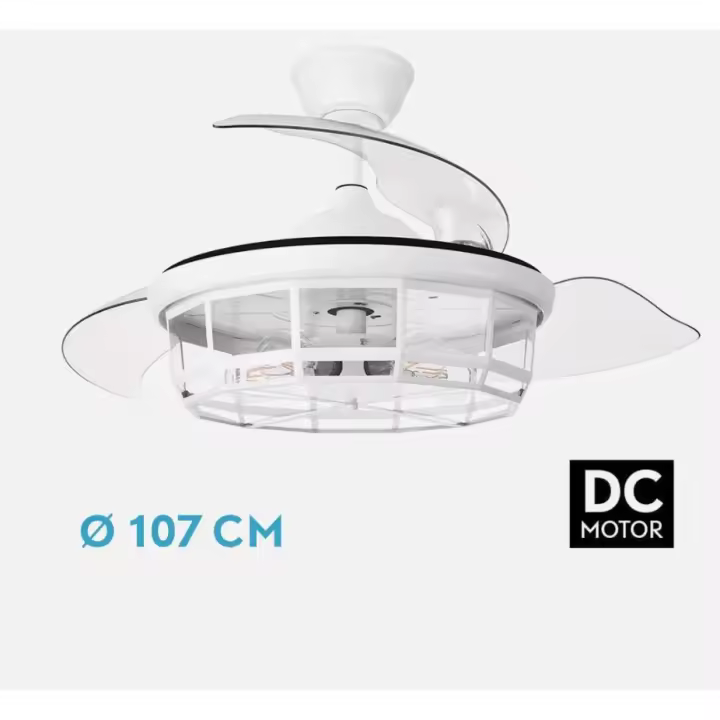 FABRILAMP PREMIUM Ventilador Motor Dc Tornado Blanco 5x BOMBILLA E27 107d 3aspas Desplegables 6velocidades C/remoto Y Temporizador 1/2/4H Incluye mando a distancia y dos tijas de 10 y 25 centímetro Productos originales calidad de confianza Descripcion - 1