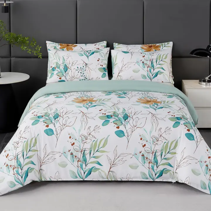 Juego de Funda Nordica Cama 105 Patrón de Hojas de Eucalipto Verde Funda Edredon 200x200 cm y 2 x Fundas de Almohada de 50x75 cm Fundas Nórdicas Floral Suave 100% Microfibra, Blanco Verde - 1