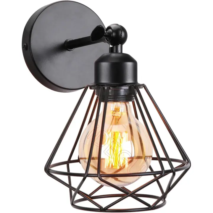 Lámparas de Pared Vintage 15CM Aplique Interior de Madera Metal Industrial Diseño de Jaula Luz Ajustable Retro - 1