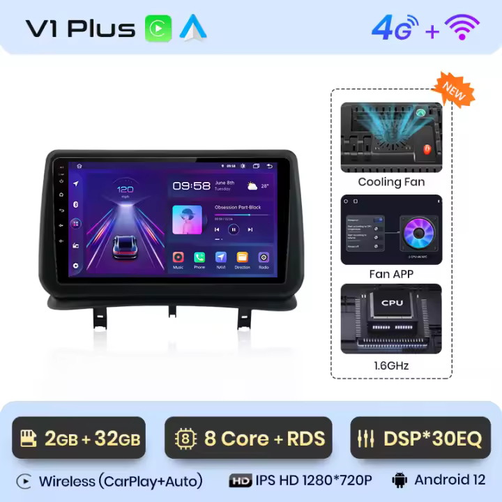 Junsun Radio Coche para Renault Clio 3 2005 2006 2007 2008 2009 2010 2011 2012 2013 2014 Inalámbrico CarPlay Android Auto AI Voice 2 din Pantalla Coche Android Auto Multimedia Navegación GPS Auto radio - 1