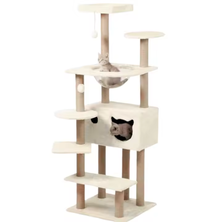 Árbol Rascador para Gatos, 153 cm de Altura, Color Beige, con Casa y Plataformas, 50x50 cm Base - 1