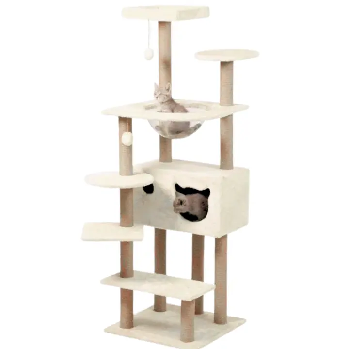 Árbol Rascador para Gatos, 153 cm de Altura, Color Beige, con Casa y Plataformas, 50x50 cm Base - 1