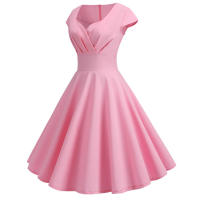 Vestido Midi De Verano Rosa Elegante Para Mujer Vuelta En El Cuello Vintage Rockabilly Pin up Fiesta Oficina Vestido A-Line Suelto - details 11