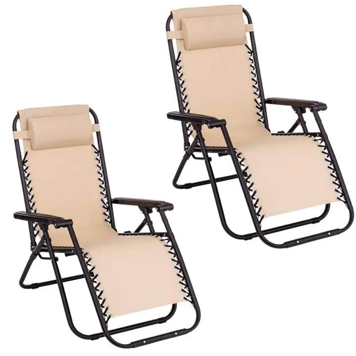 Wonduu Pack de 2 Sillas Tumbona Gravedad Cero – Reclinables con Bloqueo de Seguridad – Tejido Oxford y Acero – Uso Interior y Exterior – con Cojín Reposacabezas (Tumbona Beige) - 1