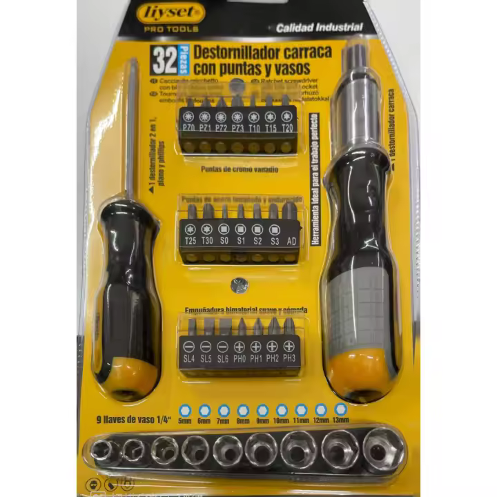 LIYSET Juego destornillador de 32 piezas. Mango ergonómico bimaterial, con agarre .Destornillador carraca con puntas y vasos. - 1