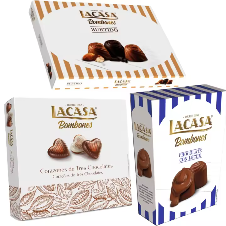 Pack Lacasa bombones chocolate con leche 72 G & bombones surtido 95 G & bombones corazón tres chocolates 200 g - 1