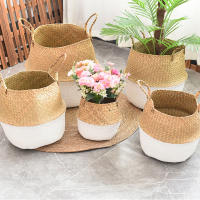Cesta De Almacenamiento Plegable Estilo Nórdico En Color Verde Para Macetas De Planta Hecha De Paja Y Seagrass Rattan - details 5