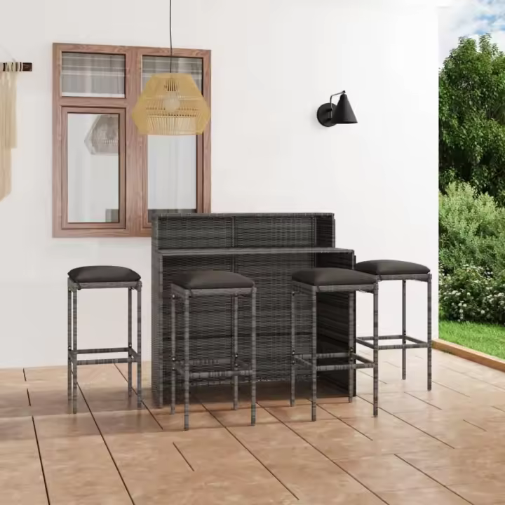vidaXL Juego de muebles de bar de jardín de 5 piezas y cojines gris - 1