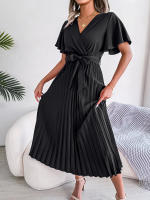 Vestido Maxi Elegante De Cintura Alta Con Volantes Y Mangas De Mariposa Para Mujer Vestido De Fiesta Casual De Polyester - details 7
