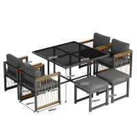 Juego de Mesa y sillas de exterior de 7 piezas, para 6 personas, Mesa de Cristal Templado, tablero de Madera de Acacia con reposabrazos, ideal para ir en el patio o El Jardín - details 4