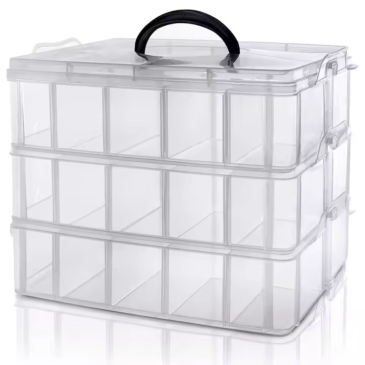 Tradineur - Caja organizadora de plástico, 3 baldas y asa, 30 compartimentos, divisores removibles, almacenamiento tornillos, botones, hilos (25 x 17 x 19 cm) - 1