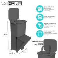 Papelera de reciclaje de clasificación selectiva con pedal, rudas y asa de doble compartimentos Color Negro antracita de 38L (24L + 14L) - details 1