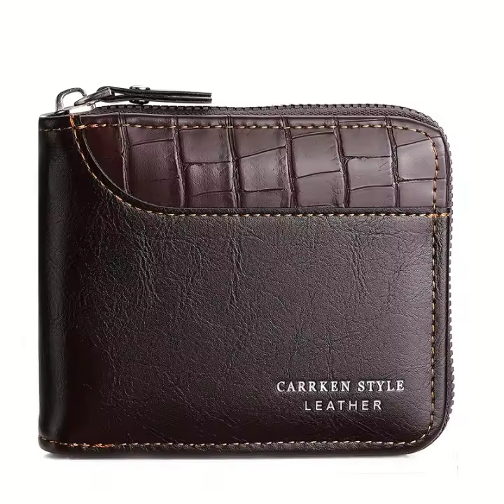 Cartera De Cuero Para Hombre Lujo Monedero Con Bolsillo Para Monedas Y Tarjetas Cierre De Cremallera Antirrobo Para Regalos - 1