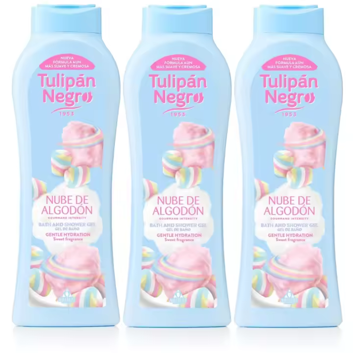 TULIPAN NEGRO, Gel de Baño y Ducha Nube de Algodon 650ml (Pack de 3x650ml), De la Linea Gourmand Intensity, Cuidado Diario de la Piel, Maxima Hidratacion y Suavidad, Deliciosa Fragancia Intensa y Dulce con Olor a Algodon de Azucar - 1