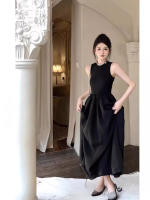 Vestido Midi Elegante Sin Mangas De Color Negro Para Mujer Cintura Alta Pleated Swing Skirt Casual Para Fiestas Vestido De Verano - details 2