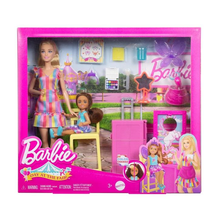 Barbie Day at The Fair Playset con 2 muñecas, Pintura Facial y Soporte para Fotos, Accesorios adicionales, Incluye muñeca pequeña Chelsea con Cara Que Cambia de Color (Mattel JFL61)