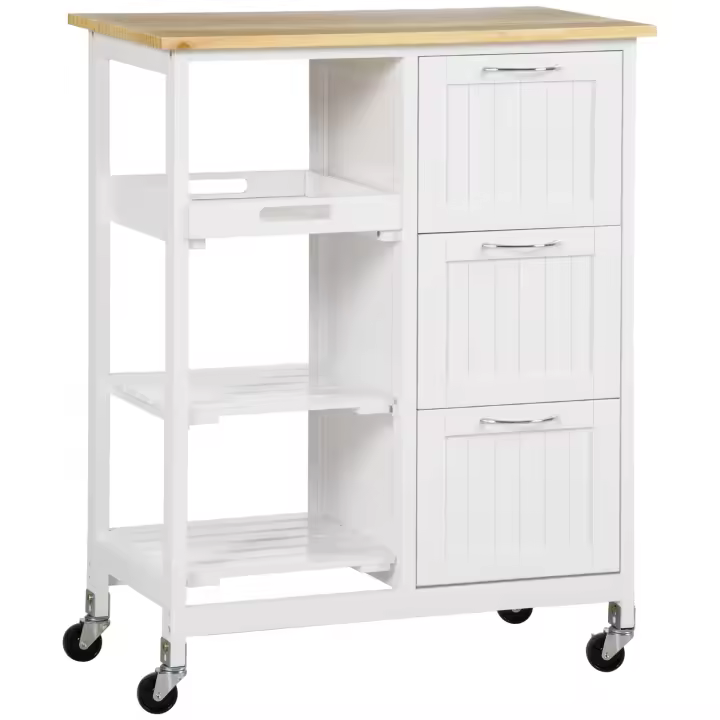 HOMCOM Carro de Cocina con Ruedas Carrito de Servicio con 3 Cajones 2 Estantes Abiertos y Bandeja Extraíble para Comedor Salón Carga 40 kg 67x37x84 cm Blanco - 1