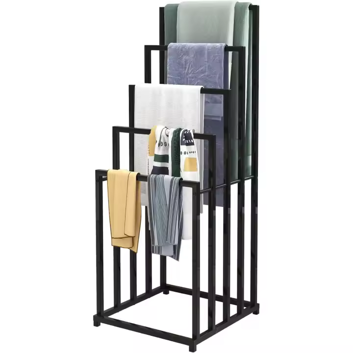 Toallero de pie, soporte, soporte y estante de secado de toallas con toallero de 2 niveles para baño y toalla de mano, color negro - 1