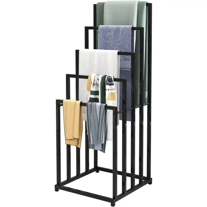 Toallero de pie, soporte, soporte y estante de secado de toallas con toallero de 2 niveles para baño y toalla de mano, color negro - 1