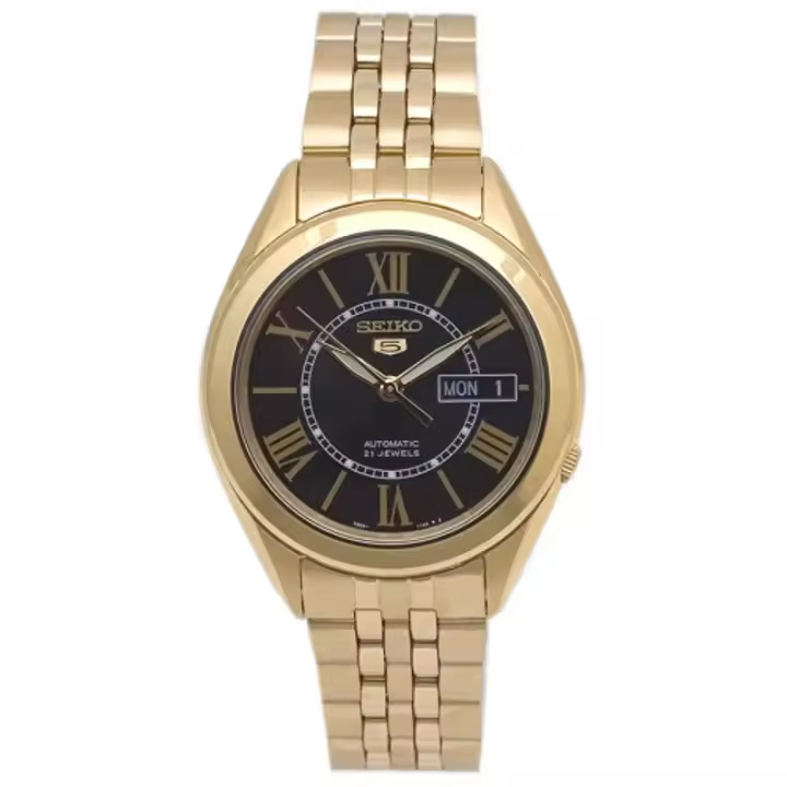 Seiko 5 para hombre reloj with esfera Negra y Correa de Maple inoxidable Chapada en Gold SNKL40K1 - Reloj de pulsera Ant elegant y sofisticado - 1