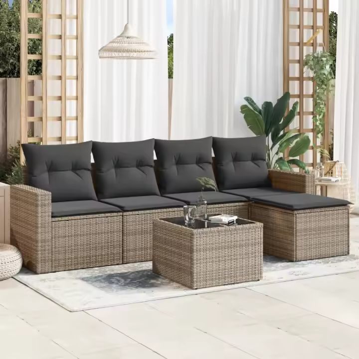 vidaXL Set de muebles de jardín 6 pzas y cojines ratán sintético gris - 1
