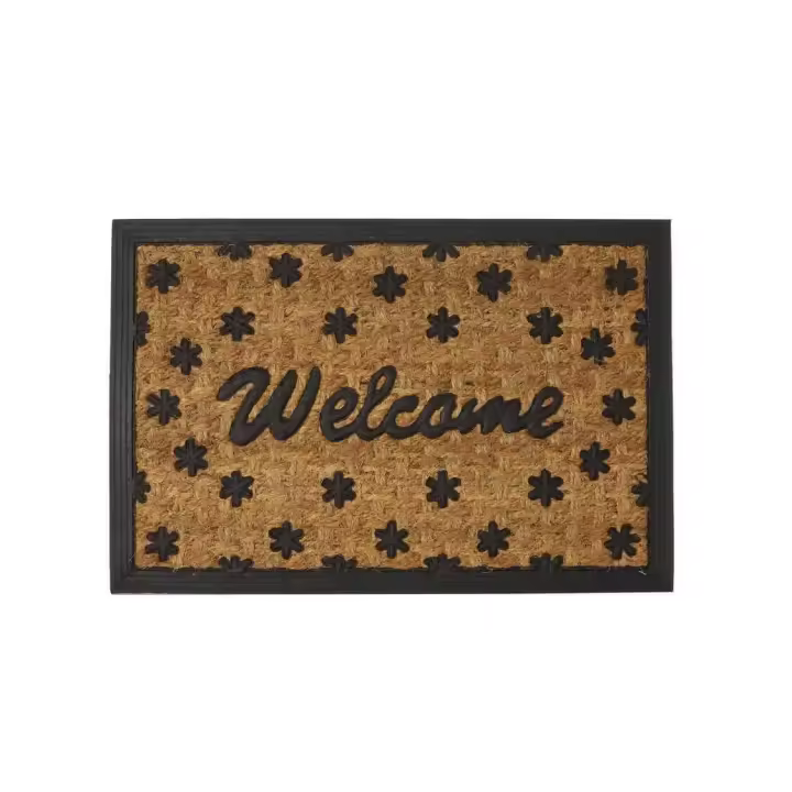 Dcasa Felpudo Welcome antideslizante negro y marrón de fibra de coco de 60x40 cm - 1