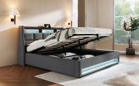 Cama tapizada con USB 140x200 cm, Cama Doble LED con somier de metal, somier Juvenil de Material de Lino (con colchón) - details 0