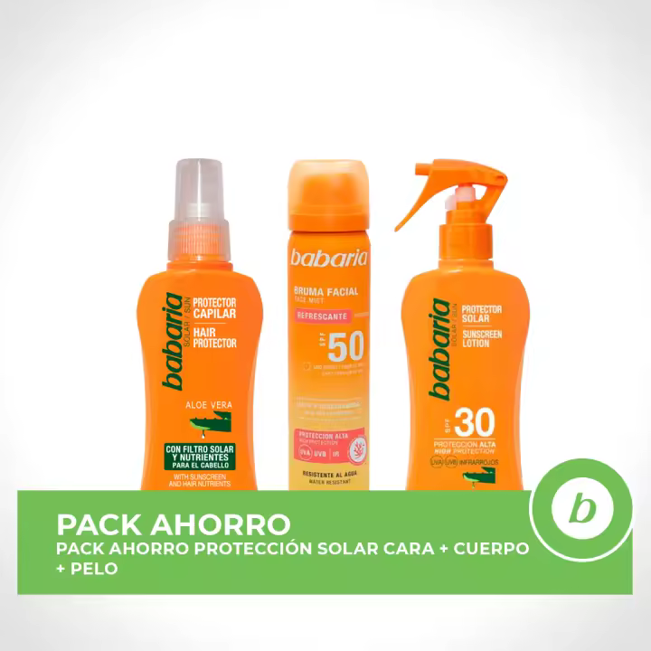 BABARIA Pack ahorro protección solar - Contiene Bruma Facial 75ml + Spray Protector Aloe SPF30 200ml + Protector Capilar Aloe 100ml - 1