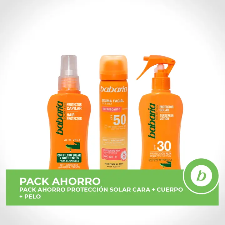 BABARIA Pack ahorro protección solar - Contiene Bruma Facial 75ml + Spray Protector Aloe SPF30 200ml + Protector Capilar Aloe 100ml - 1