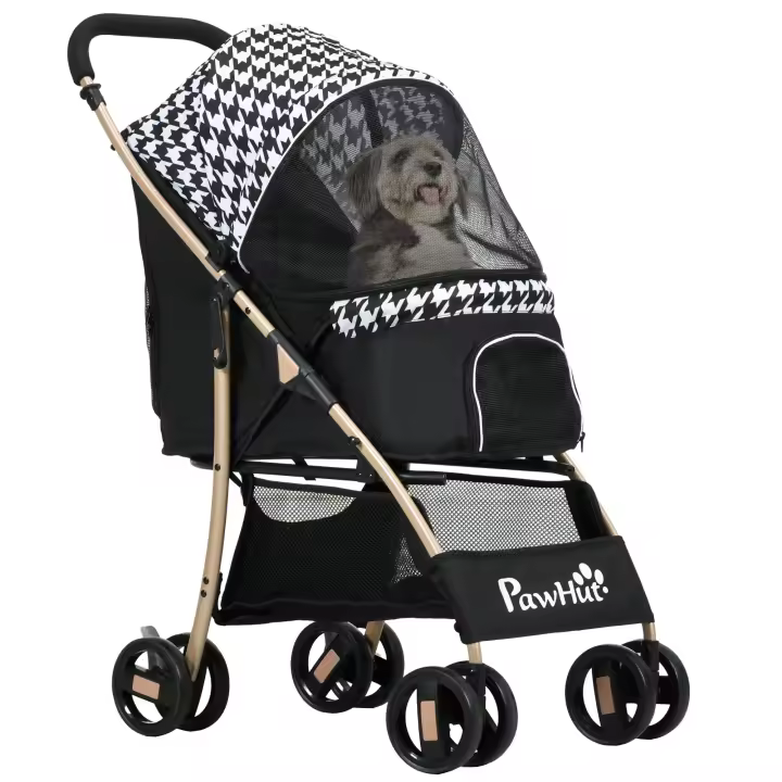 PawHut Cochecito para Perros Plegable Carrito para Mascotas con 2 Puertas Ventana de Malla Cesta de Almacenamiento Cuerda de Seguridad y Cojín 80x44,5x97 cm Negro - 1