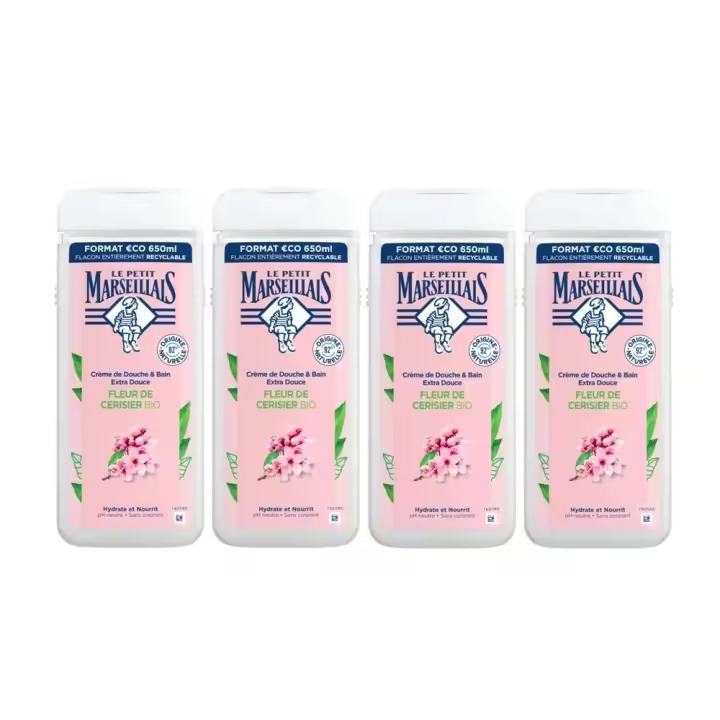 Le Petit Marseillais Flor de Cerezo BIO 650ml, Gel de Ducha Nutritivo Pack 4 unidades - Gel para Baño Corporal Extra Suave, Hidratación y Nutrición para Piel Sensible, pH Neutro, sin Colorantes con Ingredientes Naturales, Envase Reciclable y Recargable - 1