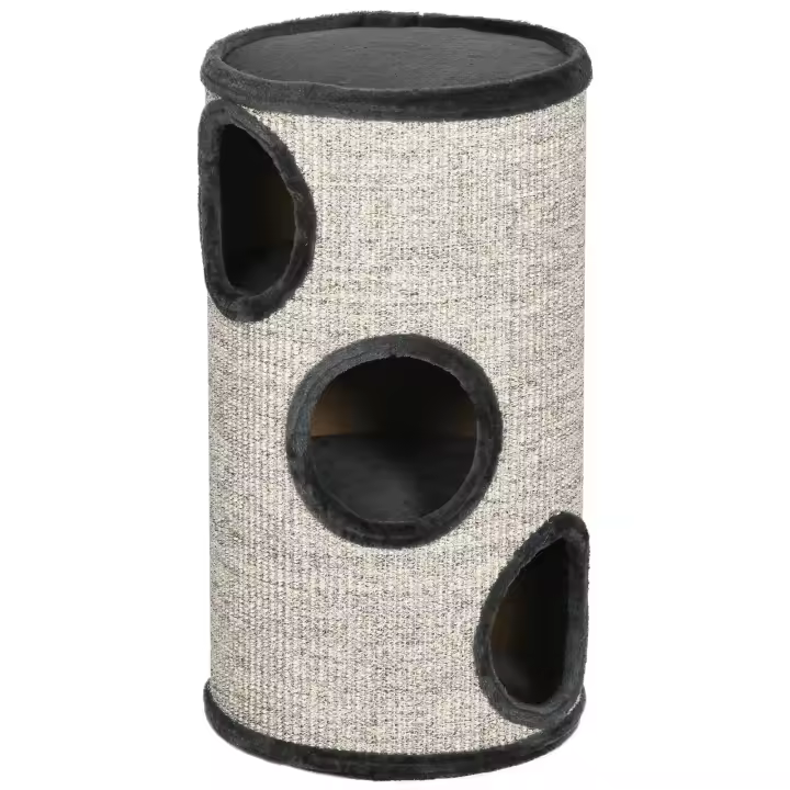 PawHut Barril rascador, altura 70 cm, barril de juego para gatos, 3 niveles, rascador para gatos con 3 cuevas, árbol para gatos, torre rascadora de sisal, mueble para gatos, felpa, gris claro - 1