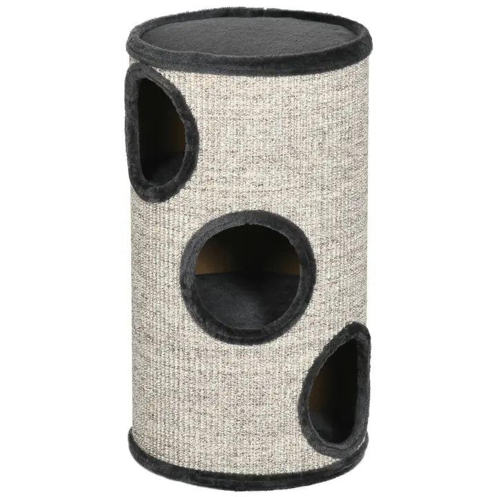 PawHut Barril rascador, altura 70 cm, barril de juego para gatos, 3 niveles, rascador para gatos con 3 cuevas, árbol para gatos, torre rascadora de sisal, mueble para gatos, felpa, gris claro - 1