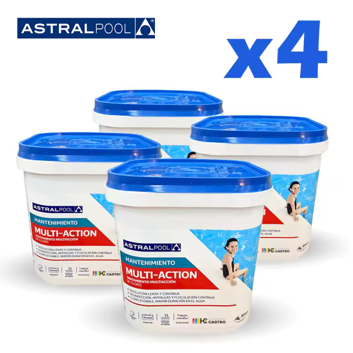 Pack 4 Cloro de piscina en pastillas Astral Pool Multi acción 20Kg. Tabletas Multiacción 250gr. 4 cubetas de 5kg - 1