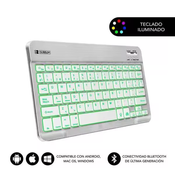 Subblim Teclado Smart Backlit BT - Conectividad Bluetooth 3.0 - Iluminación Ajustable en 7 Colores - Diseño Delgado de 6mm - Tecnología de Membrana - 1