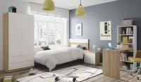 Meimon Armario de dormitorio 2 puertas con barra de colgar extraíble, 2 cajones con guías metálicas, estante interior fijo, tiradores de aluminio lacado en blanco, acabado en Roble Canadian y Blanco Artik, 180x81,5x52 cm, carga máx. 45 kg - details 2