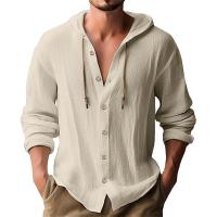 Camisa Casual Para Hombre De Color Sólido Con Capucha Y Cuerda Ajustable De Algodón Y Lino Estilo High Street Top Versátil Para El Día - details 5